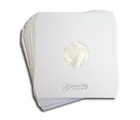 Vnitřní bílý papírový obal s plastovým vnitřkem, oboustranným středovým otvorem a uříznutými rohy na LP desky